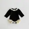 Body de encaje de punto acanalado con cuello redondo y diseño calado para otoño e invierno, mameluco para bebé niña, atuendo dopamina para gatear
