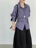 Luego, camisa de cuadros morados estilo coreano con cuello y entalle en la cintura para mujer, cárdigan holgado casual de manga larga para principios de otoño 5130