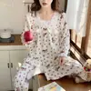 Pijama de Algodón Nube para Mujer, Estilo Princesa Primavera y Otoño Encaje Manga Larga Dulce Casual Delgado Conjunto de Ropa para el Hogar para Mujer