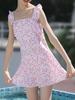 Traje de baño de cintura alta de Corea del Sur para mujer, estilo falda, aspecto conservador y delgado, que cubre el vientre, estilo fresco para niña, traje de baño estampado con tirantes, bóxers