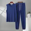 Conjunto Masculino Plus Size de Colete Gola Redonda e Calça Pantalona, Roupa de Casa, Verão Modal Solto Casual Simples Conjunto de Duas Peças