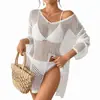 2026 Nuevo Cubre Traje de Playa Transfronterizo para Amazon Estilo Europeo y Americano Hueco con Abertura Lateral Vestido de Playa Personalizado de Manga Larga para Mujer