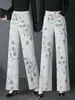 3121 Primavera Outono Jeans de Sarja Calças Jacquard Estilo Chinês Calças de Perna Larga Femininas Novo Estilo Calças de Perna Reta Tencel Calças Longas Largas