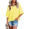 2026 Amazon Transfronterizo Verano Nuevo Estilo Europeo y Americano Patchwork Color Sólido Cuello Redondo Holgado Top Camiseta con Mangas de Tres Cuartos Acampanadas