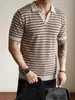 Camiseta de Punto Color Block a Rayas Retro para Hombre, Nuevo Estilo de Verano con Cuello de Gaviota, Camiseta Básica Versátil Casual de Manga Corta Calibre 14
