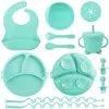 Alimento Complementario Infantil Transfronterizo Vajilla de Silicona Cordón Plato para Cenar Babero Bebé Tazón Complementario Ventosa Tenedor Cuchara Bebé Aprende a Comer
