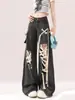 Jeans Rasgados Negros Retro Americanos para Mujer con Estilo Punk Pierna Recta Sueltos Pierna Ancha Pantalones Largos hasta el Suelo