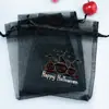 Bolsa de Presente de Rede de Abóbora e Caveira para Halloween Saco de Embalagem de Doces com Cordão Saco de Decoração de Halloween