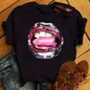 Moda Estilo Europeo y Americano Talla Grande Sexy para Mujer Labios Rojos con Diamantes Estampado de Dibujos Animados Dama Negro Cuello Redondo