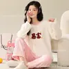 Corea2025 Otoño e Invierno Pijama de Terciopelo Coral para Niñas Cuadros Gato de Dibujos Animados Chica Suave Engrosado Cálido Ropa para el Hogar