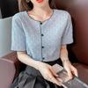 Camisa de manga corta de punto de color liso de verano con estilo transfronterizo para mujer, diseño con sentido de la moda, estilo retro suave, ropa superior corta