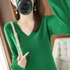 Otoño Invierno Nuevo Estilo Tejido para Mujer Cuello en V Manga Larga Suéter Top Color Sólido Estilo Coreano Holgado Capa Base Adelgazante Delgado