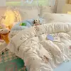 Estilo Coreano Algodão Integral INS Estilo Princesa Renda Feminina Conjunto de Quatro Peças 100% Algodão Puro Capa de Edredom Lençol de Cama Conjunto de Três Peças para Estudante