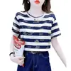 Camiseta de Manga Corta Rayada con Estampado de Letras 2024 para Mujer Verano Nuevo Estilo Coreano Versátil Cuello Redondo Holgada Popular Top Tendencia