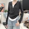Blusa Patchwork Color Blocking Falsa Duas Peças com Cintura Marcada e Franzidos para Mulheres, Nova Camiseta de Manga Longa com Zíper Primavera 2026, Camisa de Base