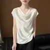 Top de Mujer con Cuello Drapeado Estilo Francés, de Manga Corta, Sedoso y Elegante, Nueva Camiseta de Manga Corta de Satén de Seda para Mujer Primavera/Verano 2026