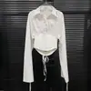 Camisa de Cintura Hueso de Pescado Diseño Femenino Espalda Descubierta con Tirantes Moda Cordón Manga Larga Camisa