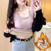Camisa Térmica de Base para Mulheres, Forrada com Fleece e Espessa, Top de Gola Quadrada de Alta Qualidade com Bojos, Caimento Justo, Adequado para Outono e Inverno, Pode Ser Usada como Camada Externa