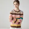 Cárdigan de cachemira acanalado a rayas de colores retro para mujer, suéter suave de cuello redondo ajustado, abrigo corto