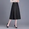 Saia midi elegante e da moda em couro PU para mulheres, nova coleção outono 2026, cintura alta, saia evasê modeladora, versátil e de corte solto com barra larga