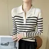 Nuevo Suéter de Punto Andy de Terciopelo con Cuello Polo de Manga Larga para Mujer Bloque de Color Rayas Ajustado Camisa Base Otoño/Invierno 2026