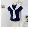Suéter de Manga Corta con Cuello Marino y Costuras en Color de Contraste para Mujer Verano Nuevo Estilo Universitario Jersey Top Adelgazante para Mujer
