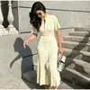 Vestido Tricô Europeu e Americano Transfronteiriço Aliexpress Popular Manga Curta Botão Comprimento Médio Cor Contrastante