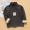 Roupa Íntima Térmica Infantil para Meninos Camada Base Fleece Espessado Estilo Coreano Top Listrado Inverno Camiseta Térmica de Gola Alta para Meninas