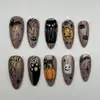 Halloween Gato Negro Calabaza Arte de Uñas Gato Ojo de Gato Marrón Uñas Largas Almendradas Manicura Dulce Fresca Uñas Postizas Retro