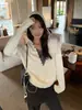 Suéter Tricot Manga Longa com Capuz Gola V Patchwork Casual Estilo Coreano Novo Outono 2026 Limão Verde Chá para Mulheres