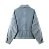 Fotos reales de chaqueta vaquera corta en stock para mujer, top azul vaquero holgado de otoño, prenda de abrigo