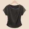 Camiseta Slim Lanjing TencelCamiseta Modal de Manga Curta para Mulheres, Novo Estilo 26 com Gola Diagonal Irregular, Cintura Marcada, Top de Ombro Regular