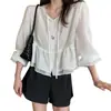 Blusa feminina de alta costura Dongdaemun, coreana, de caimento solto, com babados, renda e retalhos, de manga longa com botões de abotoamento simples