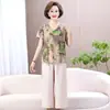 Ropa de Verano para Mamá Camisa de Gasa Holgada con Cuello en V Estampado Floral de Manga Corta Moda para Mujeres de Mediana Edad Talla Grande Estilo Chino Camiseta Estampada Top