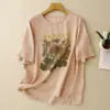 Camiseta Estampada Redonda de Algodão e Linho para Mulheres, Blusa Pulôver Solta e Emagrecedora de Manga Curta, Camiseta Casual e Versátil, Novo Estilo de Verão 2026