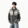 Cardigã de tricô Fair Isle com gola de botão de chifre, design de outono unissex, blocos de cor, jaqueta de tricô espessa