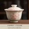 Gaiwan de cerámica con flor de cerezo pintado a mano, juego de té kung fu, taza de té para uso doméstico, taza de té de los tres talentos, taza de té individual anti-quemaduras