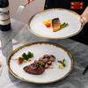 Prato Redondo Ocidental para Jantar Banhado a Ouro, Prato de Bife com Borda Dourada de Luxo Leve, Prato de Frutos do Mar, Prato para Prato Fusion, Louça de Mesa em Estilo Nórdico