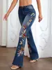 Hme Jeans Feminino Europeu e Americano Transfronteiriço High Street Lavado Marca Tendência Bordado Floral Calças Longas Flare Bordadas Femininas