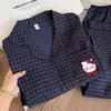 Pijama de mujer para primavera y verano, estilo nuevo, dibujos animados de Hello Kitty, niña linda, cuello de solapa, manga larga, pantalón largo, conjunto casual para casa