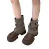 Botas de motocicleta de sola grossa com fivela de cinto plissada, cool e versáteis, botas femininas de perna curta, botas da moda com salto grosso, botas empilhadas de outono