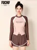 Traje de baño de dos piezas para mujer 2026, con bloques de color y manga larga, estilo shorts casual adelgazante, para playa, juegos acuáticos, resort de aguas termales