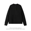 Camiseta gris de manga larga con cuello Henley para hombre, capa base de punto gofrado para otoño e invierno, sudadera retro americana de peso pesado