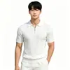 Camisa polo de malha de manga curta masculina gola lapela meio zíper listrada estilo old money T-shirt de seda gelada verão atacado de fábrica transfronteiriço