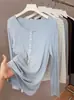 Capa base para mujer Lyocell Tencel Acetato Lana Merino Botones Rayas Otoño Invierno Corte Ajustado Elástico Manga Larga Top Tejido