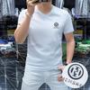 Verão 2025 Masculino Manga Curta Gola Coração de Galinha Seda Algodão Tendência Masculino Gola V Pedraria Quente Manga Curta Casual Slim Fit