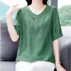 Nueva Camisa Bordada de Algodón y Lino Talla Grande para Mujer, Nueva Moda de Verano, Top Holgado de Manga Corta con Cuello en V que Reduce la Edad para Mamás