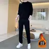 Conjunto de Duas Peças com Forro de Lã Tamanho Grande Masculino Casual Outono-Inverno Conjunto de Moletom de Manga Longa com Gola Redonda