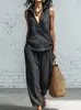 Terno de Linho Feminino para Exportação: Conjunto Casual de Duas Peças para Primavera/Verão: Blusa sem Mangas com Gola V e Calça Wide Leg com Cintura Elástica
