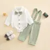 Conjunto de ropa de algodón y lino para niños, camisa de manga larga de caballero y pantalón con tirantes, conjunto casual de dos piezas